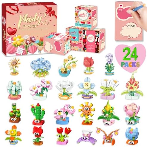 Valentines Day Gifts for Kids, 24 Packs Building Blocks with 24 Boxes Print TO and FROM Use for Valentines Day Cards for Kids School, Kids Valentines Gifts Class Exchange Party Favors