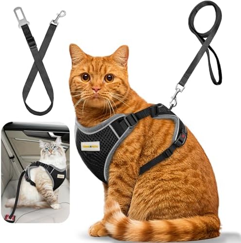 Cat Harness and Leash for Walking, Retractable Cat Harnesses and Leash Set Escape Proof, Breathable Soft Kitten Harness Small Large Cat Harness for Travel Training and Walking, Black, XS
