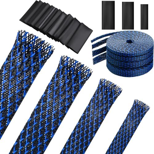 Tatuo 65.6 ft Expandable Braided Cable Sleeve Multi Size Braided Wire Sleeve with 120 Pcs Heat Shrink Tubing for Television Audio Computer Cables Video Pets,1/4 in,2/5 in,1/2 in,3/4 in(Blue, Black)