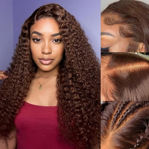 SENSAIRUITE Chocolate Brown Deep Wave Lace Front Wigs Human Hair 13x4#4 Curly Lace Front Wig Human Hair 180% Density HD Transparent Glueless Lace Frontal Wigs Pre Plucked with Baby Hair 26 Inch