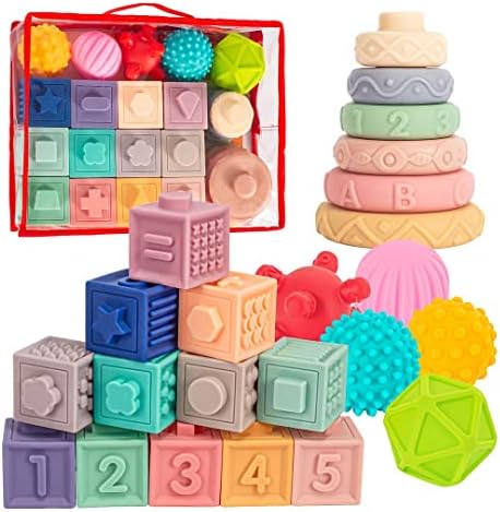 Springflower 3 in 1 Montessori Toys for Babies 0-3-6-12 Months, Soft Baby Teething Toys and Stacking Building Blocks for Sensory Developmental Education of Toddlers 12-18 Months, 23 PCS