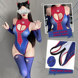 paloli CharmSpider Bodysuit Costume Set For Woman - Blue & Red Theme, Alluring Heart Cutout, Perfect for Role Cosplay Halloween Parties