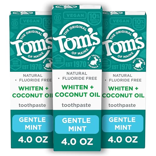 Tom’s of Maine Whiten Plus Coconut Oil Fluoride Free Toothpaste, Natural Whitening Toothpaste with Plant-Based Cleansers, Whitens Without Causing Sensitivity, Gentle Mint, 4.0 Oz (Pack of 3)