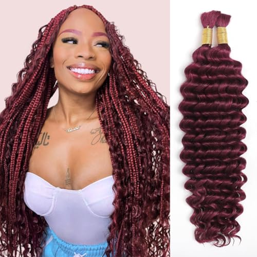 Burgundy Human Braiding Hair 100g 18 Inch Deep Wave Bohemian Hair for Braiding, No Weft, 99J, Boho Braids, 2 Bundles/Pack