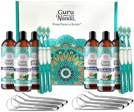 GuruNanda Coconut Oil Pulling, Fresh Breath & Whitening Mouthwash, 7 Essential Oils & Vitamins for Happy Teeth & Gums, Alcohol-Free, (8 oz * 6 Pack)