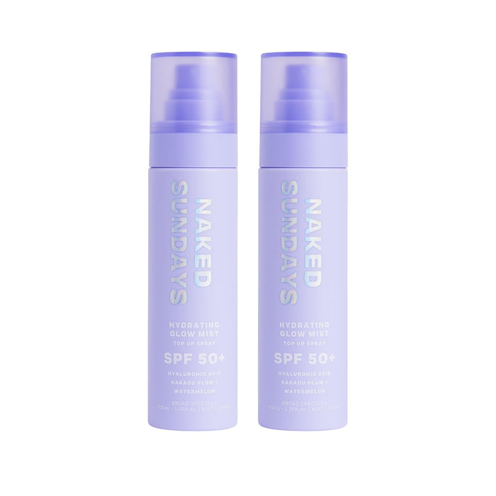 Naked Sundays SPF 50 Hydrating Glow Face Mist - Daily Sunscreen Spray & Makeup Setting Spray with Hyaluronic Acid, Lightweight, Non-Greasy & Hydrating, 2-Pack 75ml