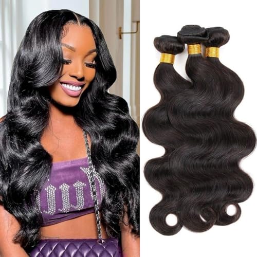 Body Wave Bundles Human Hair 14 16 18 Inch Human Hair Bundles 100% Unprocessed Brazilian Virgin Hair 3 Bundles Human Hair Extensions for Black Women Natural Color