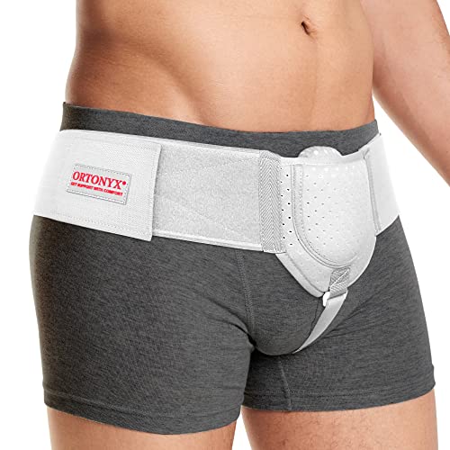ORTONYX Inguinal Hernia Belt for Men and Women with Removable Compression Pad and Adjustable Waist Strap, Hernia Support Truss for Inguinal, Incisional Hernias, Left/Right Side - White L/XXL