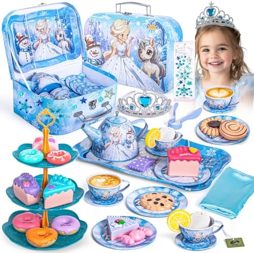 Frozen Tea Party Set for Little Girls, Elsa Princess Toy Gift, Kids Pretend Play Tin Tea Set with Teapot, Tea Cups, Food Playset & Carrying Case, Birthday for Girls Age 3+
