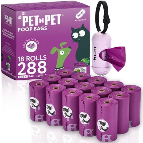 Pet N Pet Poop Bags for Dogs, 288 Counts Lavender Scented Dog Poop Bags Rolls with Leash Dispenser, USDA Certified 38% Plant Based & 62% PE Dogs Waste Bag, Doggie Poo Bag