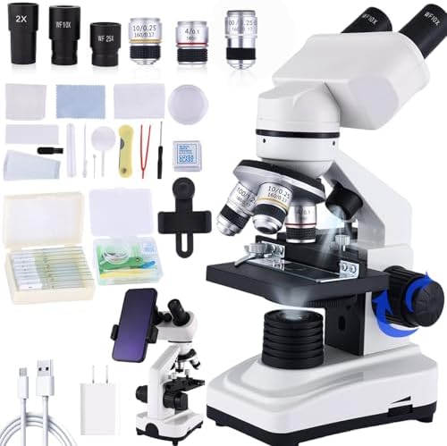Microscope 40X-2500X Binocular Microscope WF10x and WF25x Eyepieces, Dual LED Illumination, Adult Microscope for School Home Lab Education (Binocular Microscope)