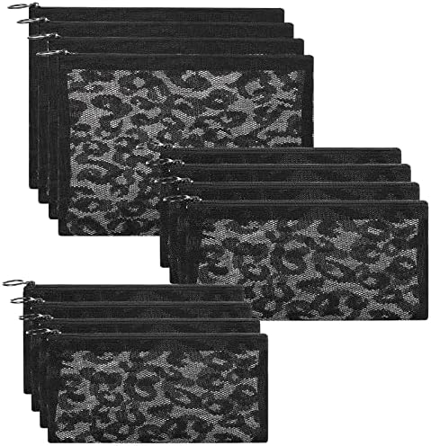 12 Pieces Zipper Nylon Mesh Pouch, Mesh Cosmetic Bags Makeup Bags Pencil Case, Multipurpose Travel Bags for Cosmetic School Office Supplies and Travel Accessories (Black Lace, Assorted Sizes)