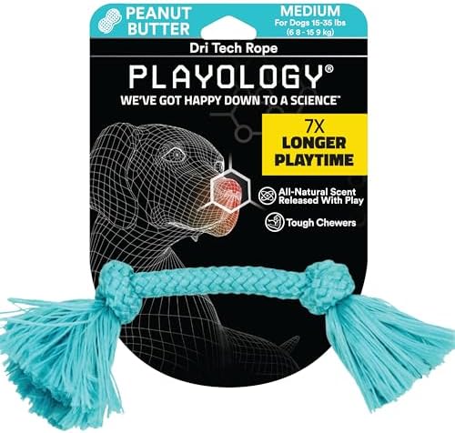 Playology Dri Tech Rope Dog Chew Toy for Medium Dogs up to 50 lbs | Engaging, All-Natural Peanut Butter Scented Blue Toy for Tough Chewers | Easy to Clean | Interactive and Non-Toxic