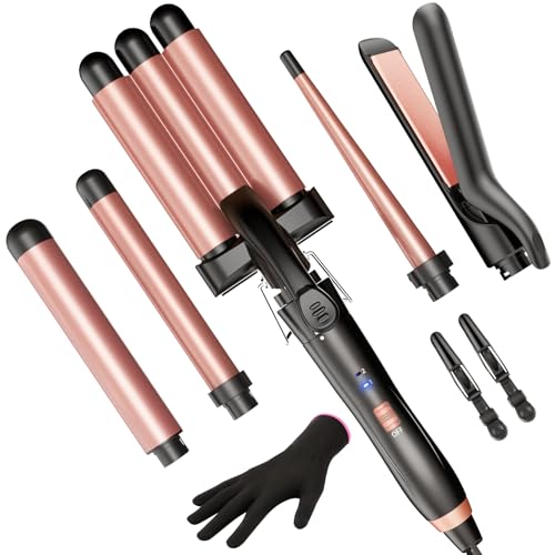 5 in 1 Wand Curling Iron-Kinked Curling Wand Set with Flat Iron Hair Straightener, 3 Barrels Hair Crimper, 3 Ceramic Curling Irons (0.35"-1.25"), 2 Temps Fast Heat Hair Waver Curler with Glove & Clip
