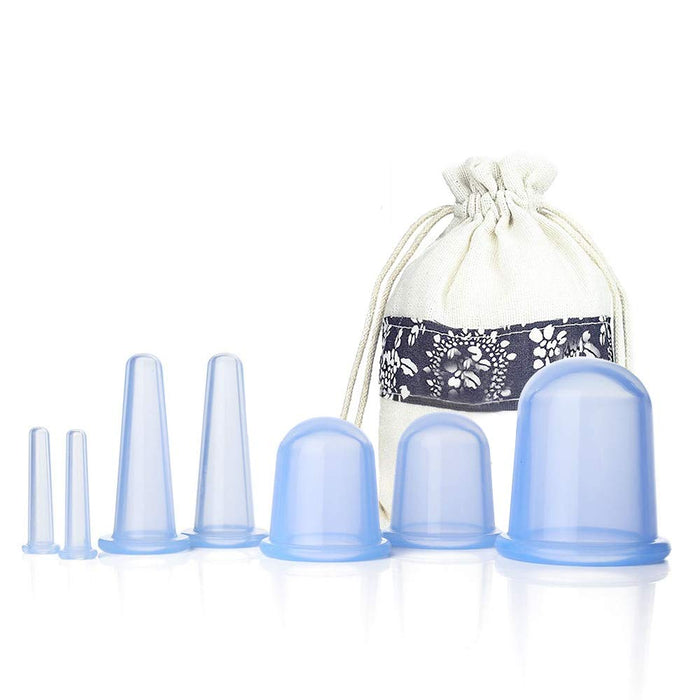 Facial Cupping Set Silicone Face Cupping Massage Therapy Sets 7Pcs Vacuum Suction Massage Cups with Pouch for Myofascial Massage, Muscle, Nerve, Joint Pain Relief (Blue)