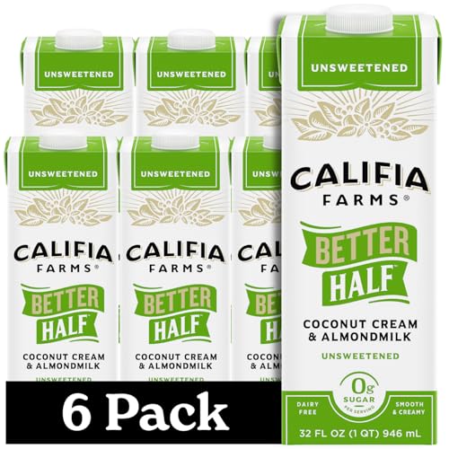 Califia Farms - Unsweetened Better Half, Half and Half Substitute, 32 Oz (Pack of 6), Almond Milk, Coconut Cream, Coffee Creamer, Keto, Shelf Stable, Dairy Free, Plant Based, Vegan