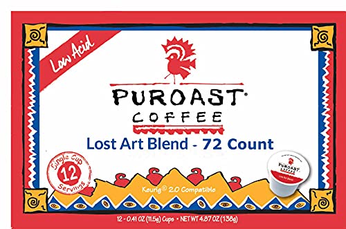 Puroast Low Acid Coffee| Lost Art Single Serve Pods | Medium Roast | High Antioxidants & High pH |No Bitter Aftertaste | Reduced Heartburn & GERD Friendly | 72 Count - Compatible with Keurig Brewer