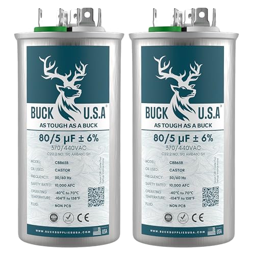2 Pack Buck 80+5uF 80/5 MFD ±6% CBB65B Dual Run Round Start Capacitor - Ideal for HVAC Systems, Air Conditioner Unit Fan Motor Start, Heat Pump, & Condenser Cool Applications 370/440VAC 50/60Hz