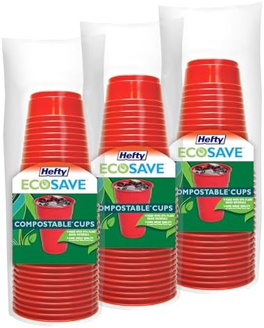 Hefty ECOSAVE Compostable Party Cups, Red, 18 oz, 16 Count (Pack of 3), 48 Total