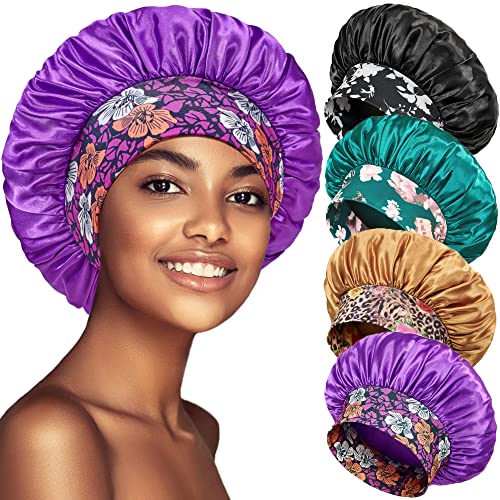 4 Pack Satin Bonnet Silk Bonnet for Sleeping Women, Hair Sleep Bonnets for Women, Wide Soft Band Sleep Cap for Curly Hair Braids