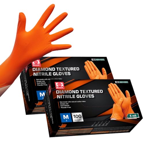 Jointown Basic Heavy Duty Nitrile Gloves Mechanic Gloves, Orange 8 Mil Nitrile Disposable Gloves Medium with Raised Diamond Texture, Latex Free, Powder Free Industrial Automotive Gloves Box of 200