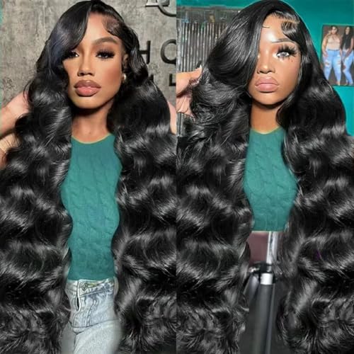 13x6 Lace Front Wigs Human Hair 200% Density HD Transparent Body Wave Lace Front Wigs Human Hair Body Wave Glueless Frontal Wigs Human Hair for Women Pre Plucked with Baby Hair Natural Black 22Inch