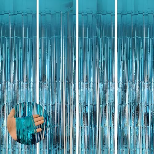 4 Pack 3.3 * 8.3 ft Foil Curtain Metallic Tinsel Fringe Curtains Photo Booth Props Backdrop for Birthday Wedding Engagement Baby Shower Christmas Holiday Celebration Party,Light Blue