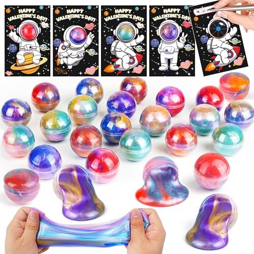 28 Pack Galaxy Slime Kit & Valentines Cards for Kids' Classroom, School Exchange Gift Set