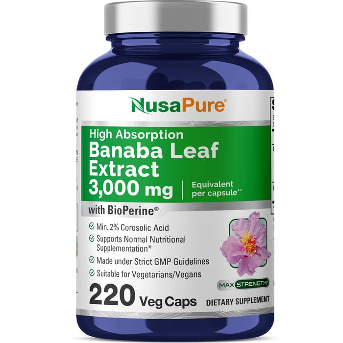 NusaPure Banaba Leaf Extract 3000 mg – 220 Veg Caps, 220 Days Supply (Non-GMO & Gluten Free) 2% Corosolic Acid