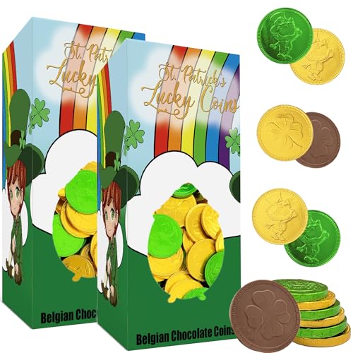 Saint Patrick's Day 2 Pounds Shamrock Leprechaun Chocolate Green and Gold Coins, Premium Belgian Nut-Free Milk Chocolate, Kosher, Approx. 180 Coins