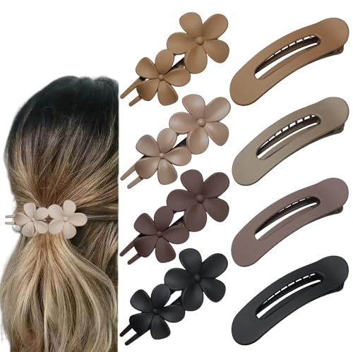 8 Pcs Flat Hair Claw Clips, Matte Flower Hair Clips and Flat Clips, 2 Style Beach Tropical Party Strong Hold Jaw Hair Clips for Women Girls Thin Thick Curly Straight Hair Accessories