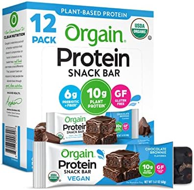 Orgain Organic Vegan Protein Bars, Chocolate Brownie - 10g Plant Based Protein, Low Calorie Healthy Snacks, No Lactose or Soy Ingredients, Gluten Free, Non-GMO - 1.41 Oz (Pack of 12)