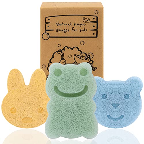 myHomeBody Konjac Baby Sponge for Bathing, Cute Shapes Natural Kids Bath Sponges for Infants, Toddler Bath Time, Natural and Safe Plant-Based Konjac Baby Bath Toys, 3pc. Set: Rabbit, Frog, Bear face
