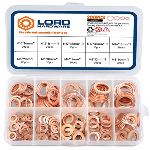 200pcs Copper Crush Metric Washers Assortment Kit Flat Sealing Washer M5 M6 M8 M10 M12 M14 (9 Sizes)
