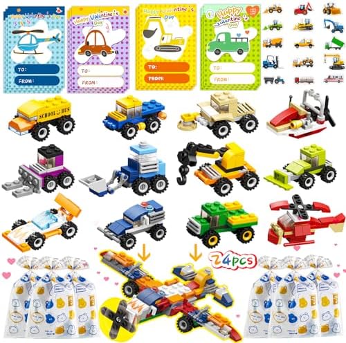 24PCS Valentines Day Gifts for Kids, Building Blocks with Valentines Cards for Kids Classroom, Valentines Gifts School Exchange Party Favors for Kids Boys Girls