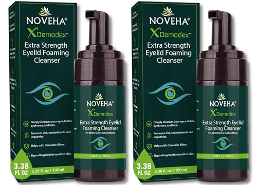 NOVEHA Demodex Eyelid Cleanser Foam | Extra Strength Tea Tree Oil Formula | Daily Face Wash For Eyelash, Demodex, MGD, Stye Eyes, Eye Irritations & Skin Dryness, 3.38 fl. oz. (100ml) - (Pack of 2)