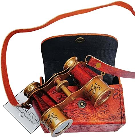 4inch Captains Antique Brass Binoculars, Red Leather Nautical Binocular for Kids & Adults ; Vintage & Marine Binoculars for Hiking, Camping, Hunting, Bird Watching