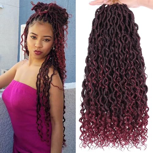 COOKOO Bohemian River Faux Locs Synthetic Braids Hair 18 Inch 8 Packs Burgundy Red Goddess Locs Hair with Curly Ends Ombre River Locs Crochet Braiding Hair for Women Boho Style Crochet Braids Tbug#