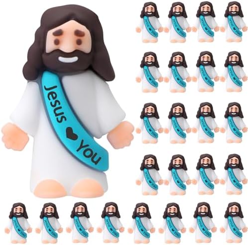 Bememo 25 Pcs Little Jesus Figures Original Design Jesus Love You Mini Rubber Toys to Hide and Seek Religious Party Favors Sunday School Baptism Gifts Stuffers(Cyan)