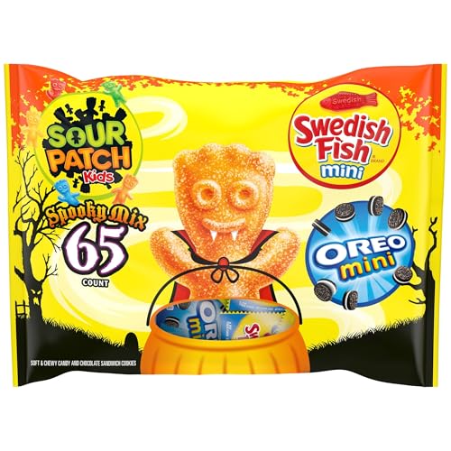 SOUR PATCH KIDS, OREO Mini Chocolate Sandwich Cookies & SWEDISH FISH Mini Halloween Candy Variety Pack, Bulk Candy, 65 Trick or Treat Bags