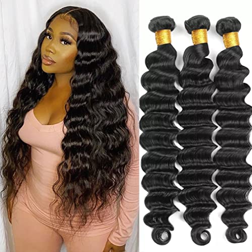 Borchan Brazilian Virgin Loose Deep Wave Bundles 100% Unprocessed Virgin Human Hair Bundles 16 18 20 Loose Wave Bundles Brazilian Deep Wave Human Hair Bundles Natural Black Color
