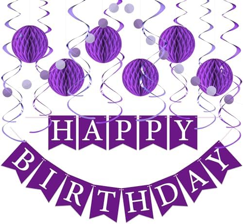 Purple Birthday Decorations Kit - 16-Piece Set with Pre-Strung Happy Birthday Banner, Honeycomb Balls, Garland & Swirls | Purple Theme Party Supplies for Women Girls Kids, Teens Adults