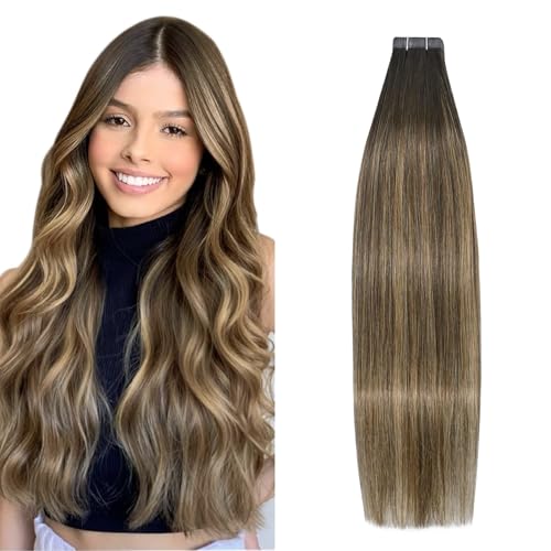 Tape in Hair Extensions 4T27P4 Chocolate Brown To Dark Blonde 100% Remy Human Hair Extensions Silky Straight for Fashion Women 20 Pcs/Package(22Inch #4T27P4 60g)