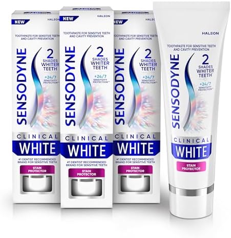 Sensodyne Clinical White Toothpaste Clinically Proven Whitening for Sensitive Teeth, Stain Protector, 3.4 oz x 3
