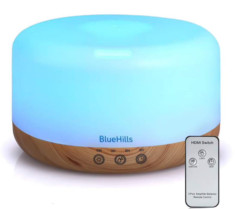 BlueHills Premium 1000 ML XL Essential Oil Diffuser Aromatherapy Humidifier with Remote Timer for Large Room Home 18 Hour Run Huge Coverage Area 1 Liter Mood Light Extra Large Capacity Wood Grain D004