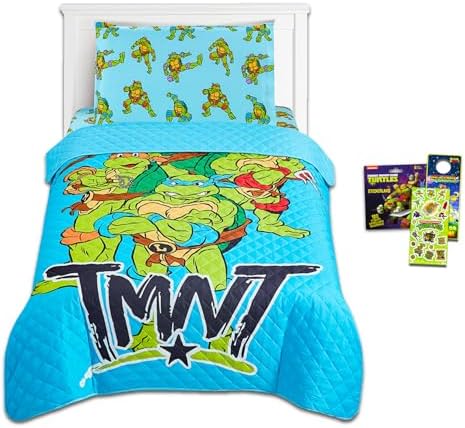 Teenage Mutant Ninja Turtles Bedding Set Twin Bed - Bundle with TMNT Bedspread, Flat Sheet, Fitted Sheet, and Pillowcase Plus Posters, Tattoos, More | TMNT Bedroom Set Twin