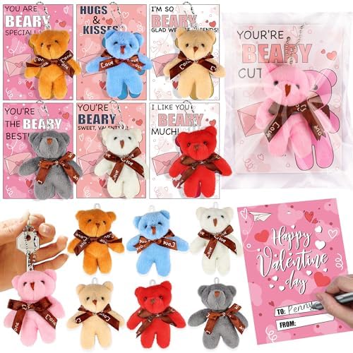 28 Pack Kids Valentines Cards with Bear Plush Toys Keychains Valentines Day Gifts for Kids Classroom School Valentines for Kids Class Gift Exchange Classroom Prizes Valentine Party Favors for Boy Girl