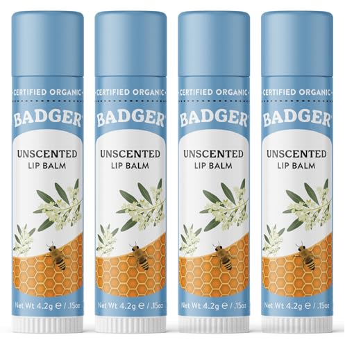 Badger - Classic Lip Balm, Unscented, Made with Organic Olive Oil, Beeswax & Rosemary, Certified Organic, Moisturizing Lip Balm, 0.15 oz (4 Pack)