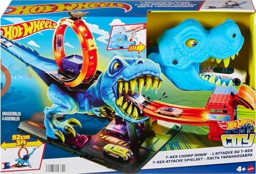 Hot Wheels City Toy Car Track Set, T-Rex Chomp Down with 1:64 Scale Vehicle, Knock Out The Giant Dinosaur with Stunts, Connects to Other Sets