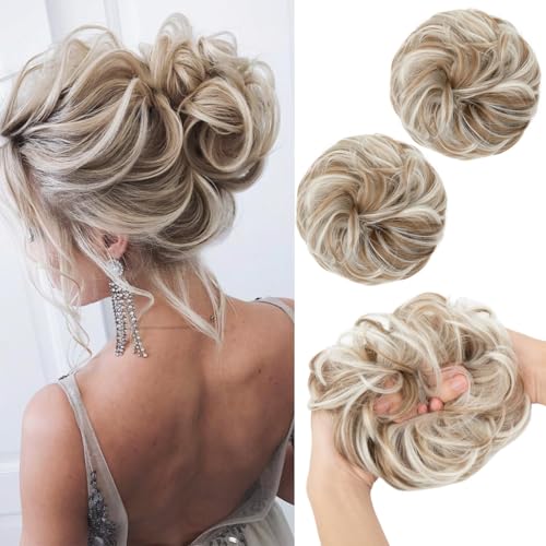 SARLA 2PCS Messy Hair Bun Hair Pieces Wavy Curly Synthetic Updo Fake Scrunchies Ponytail Extension for Women Ivory Blonde